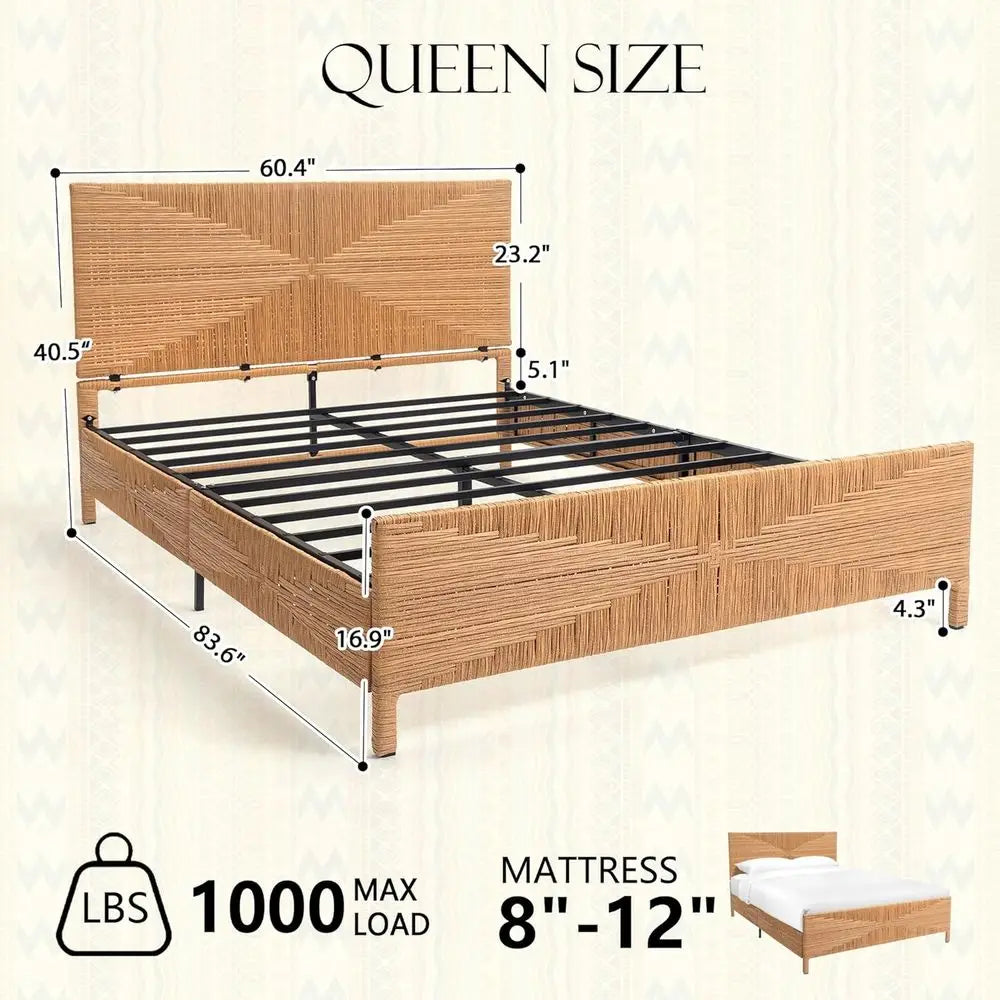 Boho Rattan Queen Bed Frame with Steel Support and Tall Headboard