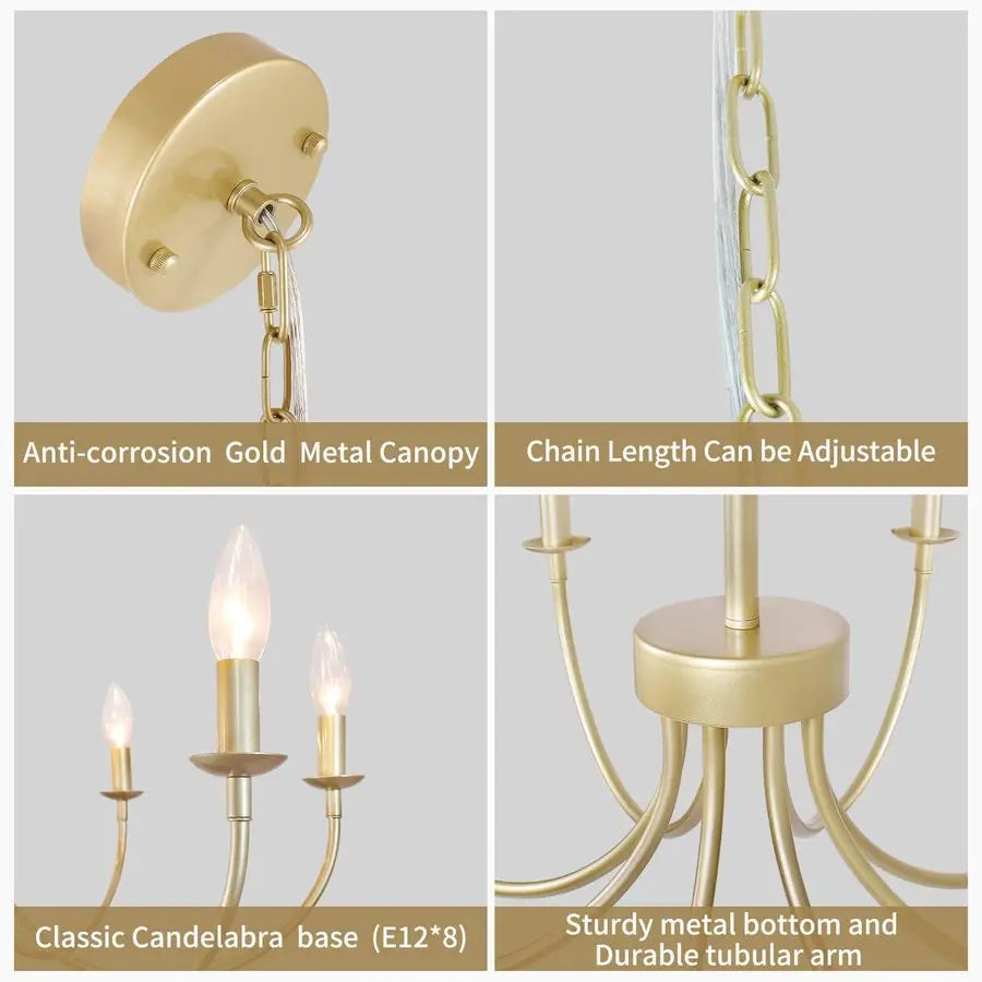 Gold Chandelier with Curved Arms and Adjustable Chain