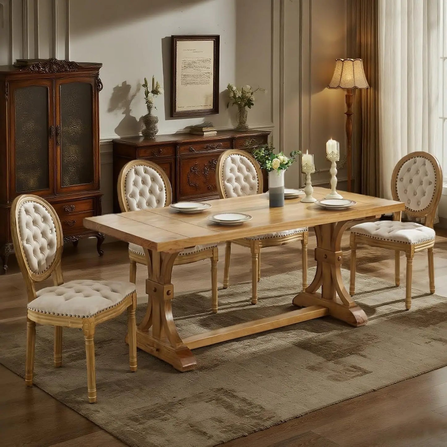 Upholstered Dining Chair with Carved Wood Detail - Set of 4