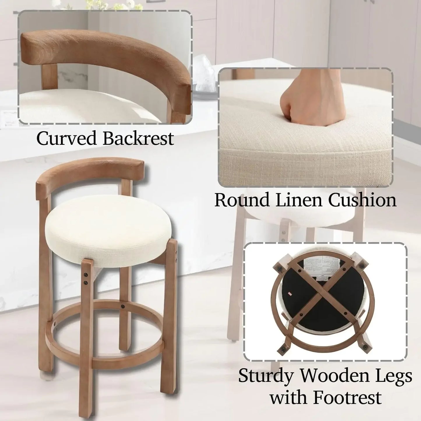 Mid-Century Linen Counter Stools Set of 4 with Wood Legs