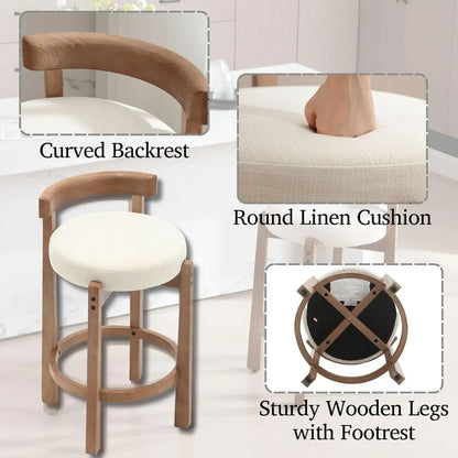 Mid-Century Linen Counter Stools Set of 4 with Wood Legs