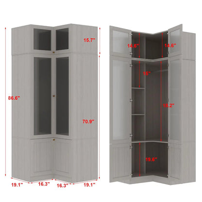 Corner Armoire Wardrobe with Frosted Glass and Gold Details