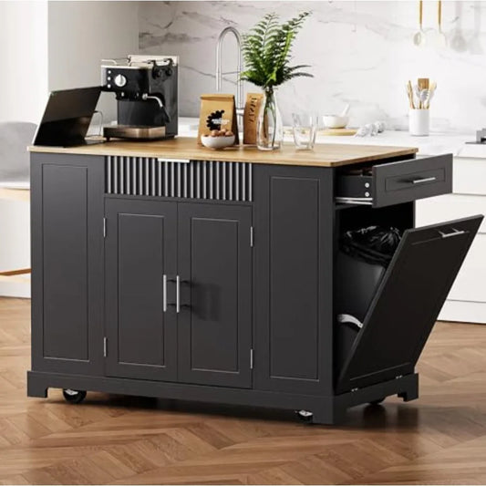 Fluted Rolling Kitchen Island with Power