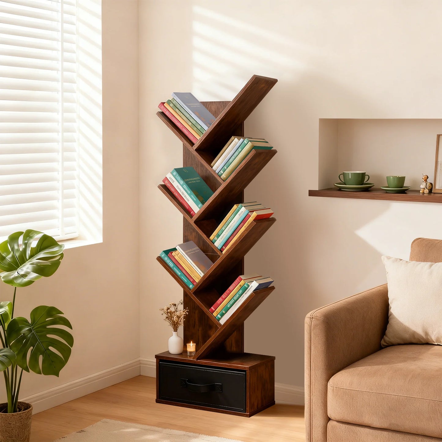 Tree-Shaped Bookcase with Drawer Storage