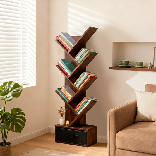 Tree-Shaped Bookcase with Drawer Storage