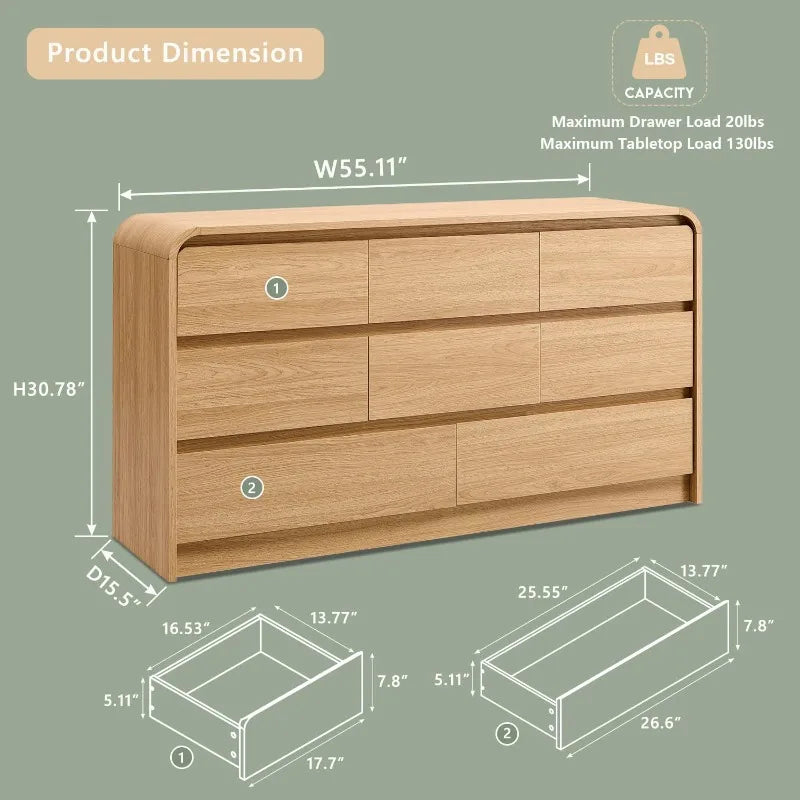 8-Drawer Curved Wood Dresser