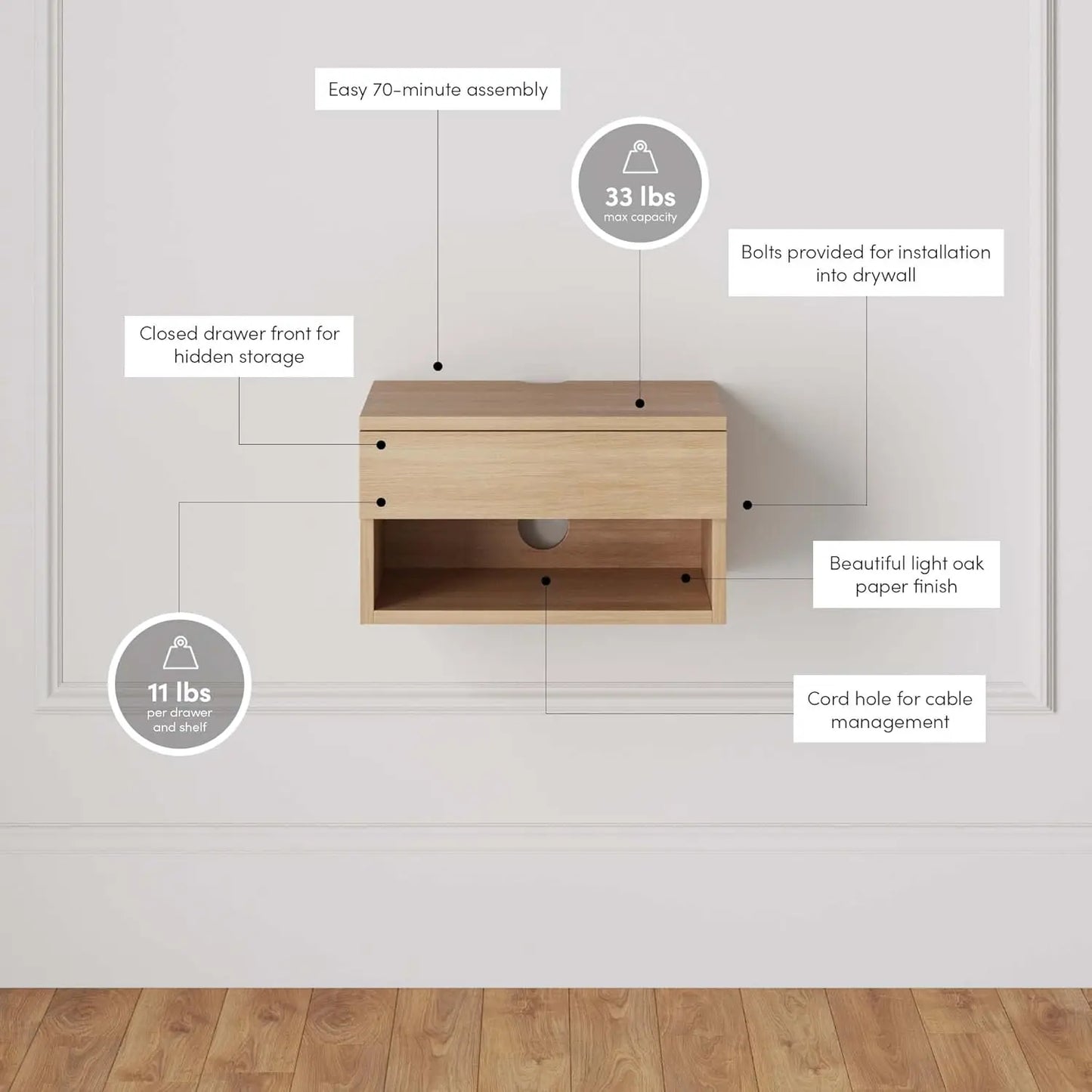 Floating Wood Nightstand with Drawer Storage - Set of 2
