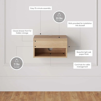 Floating Wood Nightstand with Drawer Storage - Set of 2