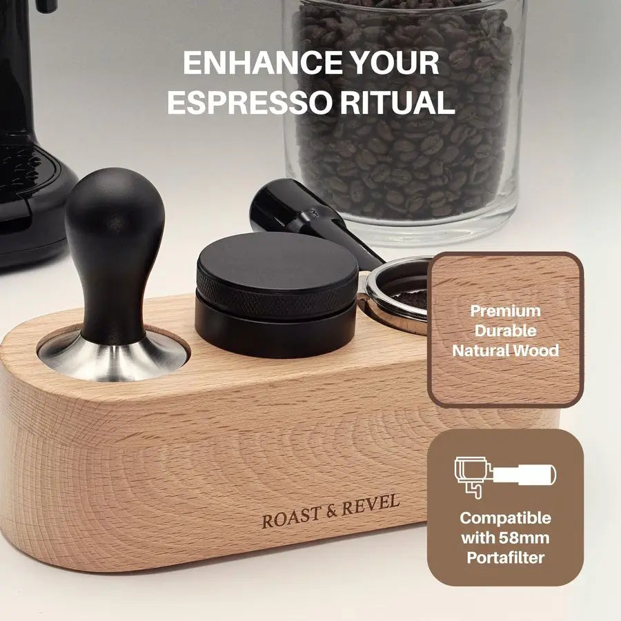 Beechwood Espresso Tamping Station with Barista Setup