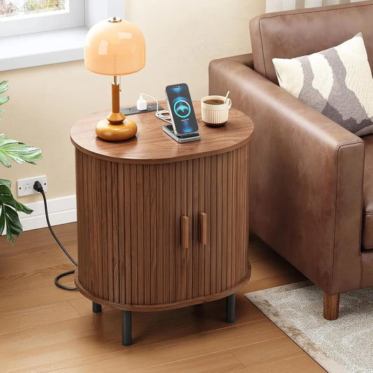 Mid-Century Side Table with Charging Station and Sliding Door