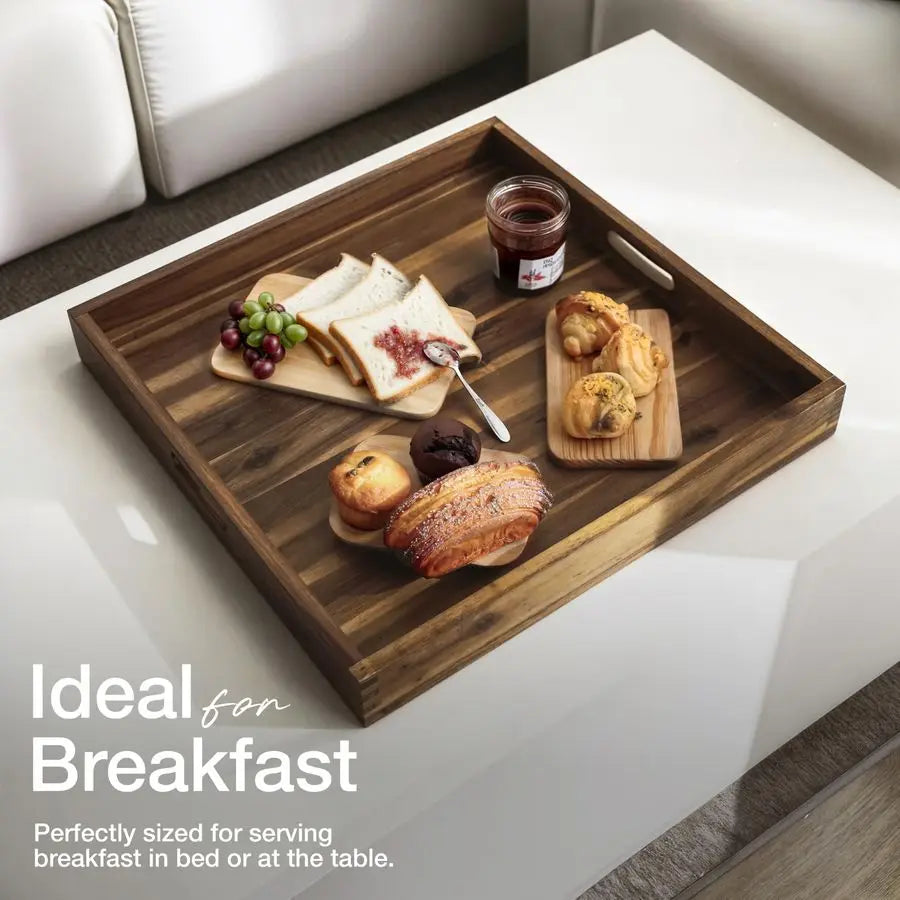 Acacia Wood Square Ottoman Tray with Handles