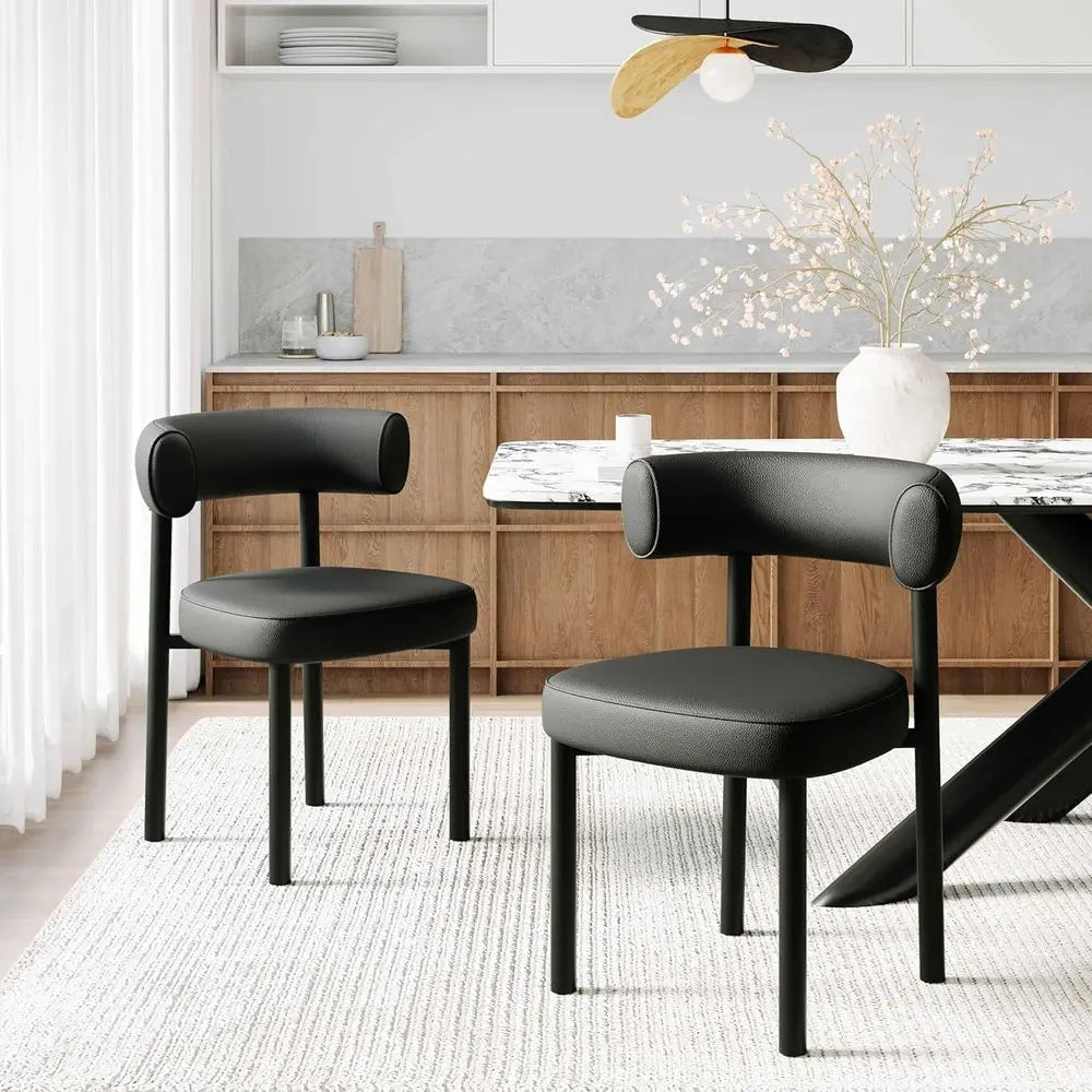 Leather Dining Chairs Set of 2 with Curved Back and Metal Legs