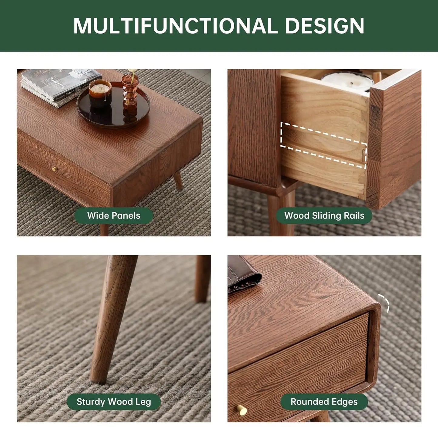 Solid Oak Mid-Century Coffee Table with Storage
