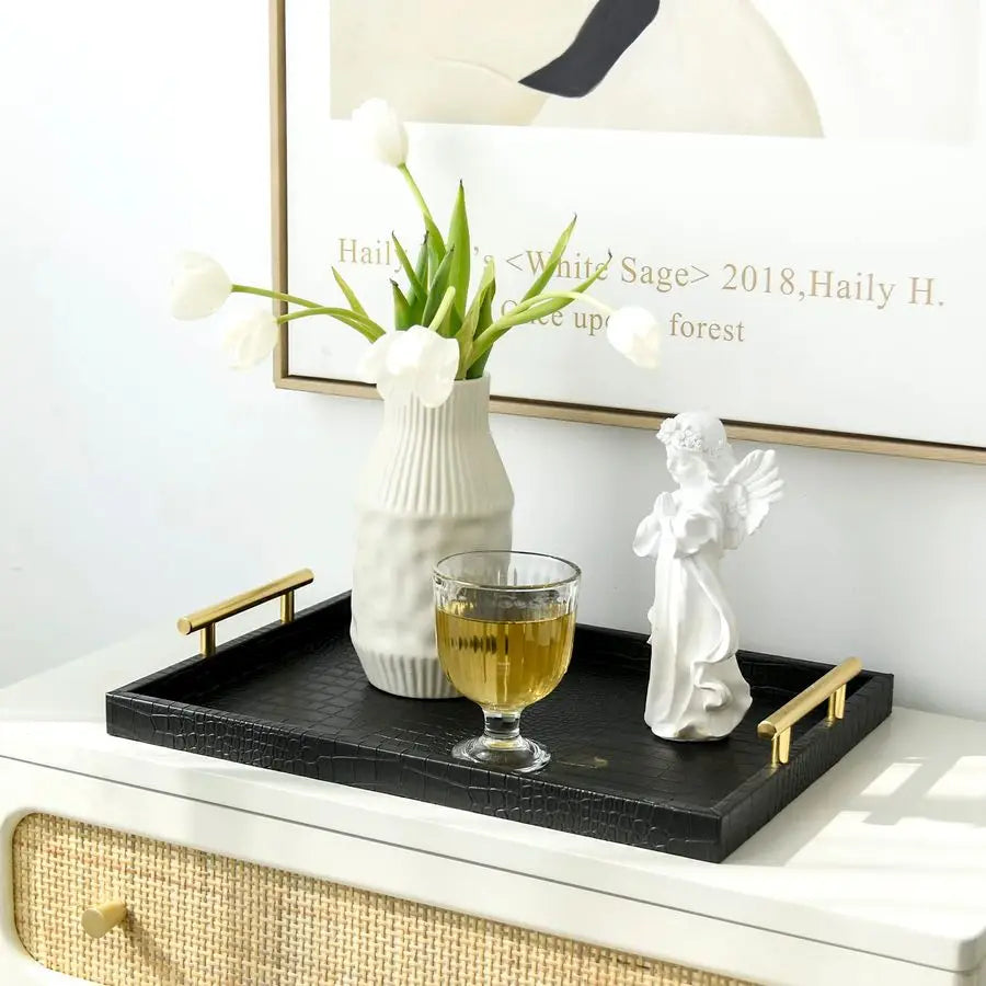 Faux Leather Serving Tray Set With Croc Texture Design