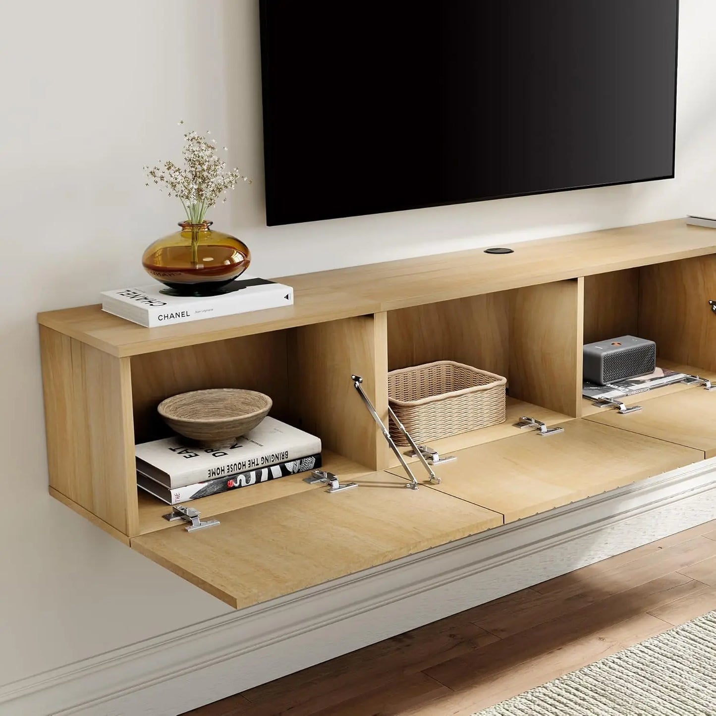 Floating TV Stand with Fluted Design and Hidden Storage