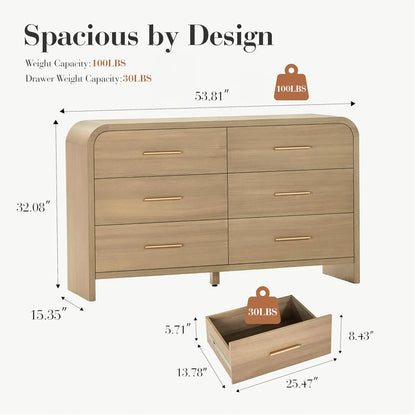 Curved Wood Dresser with Sculptural Form and Six Drawers