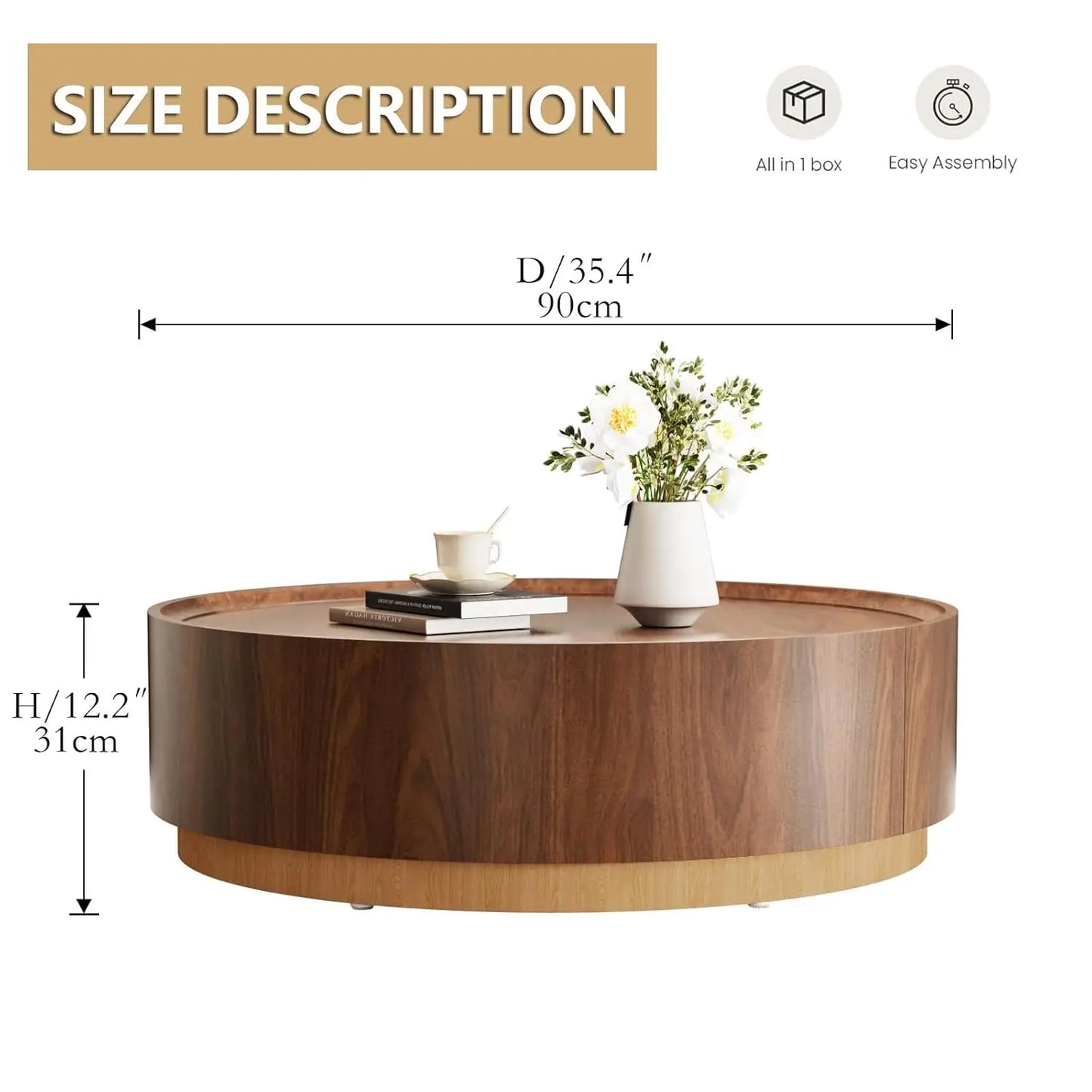Round Drum Coffee Table with Hidden Storage