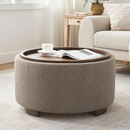 Round Storage Ottoman with Boucle Upholstery Design