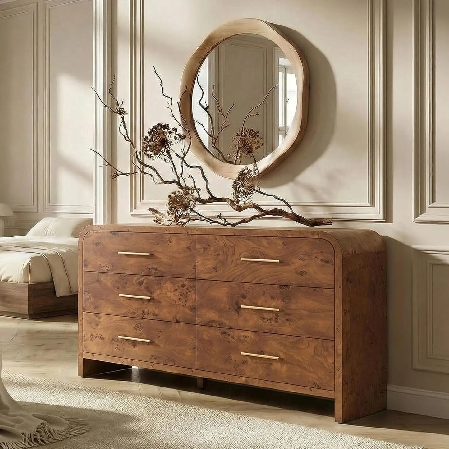 Curved Wood Dresser with Sculptural Form and Six Drawers
