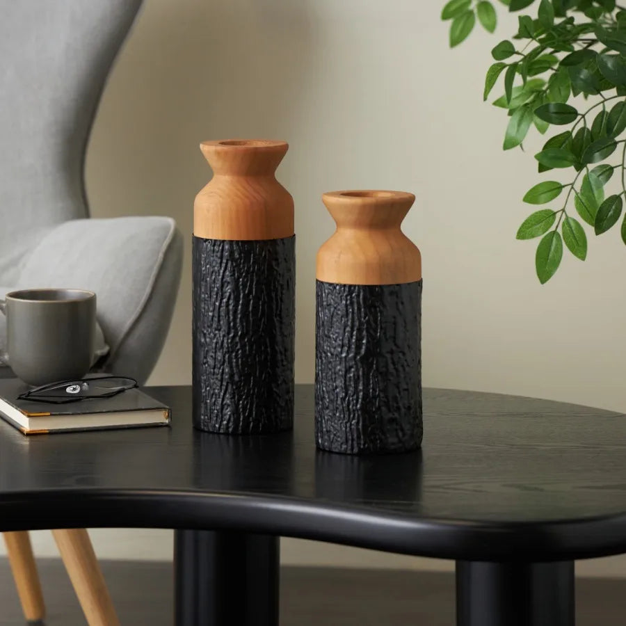 Abstract Black Metal Vases with Wood Tops, Set of Two