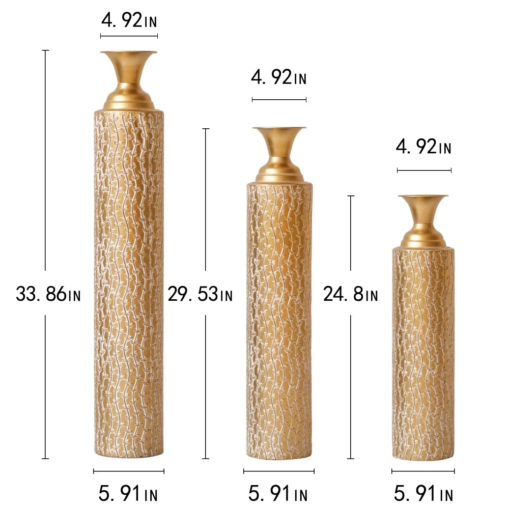 Gold Metal Floor Vases, Set of Three