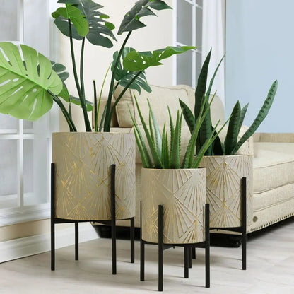 Modern Metal Planter Set With Gold Accent Stands