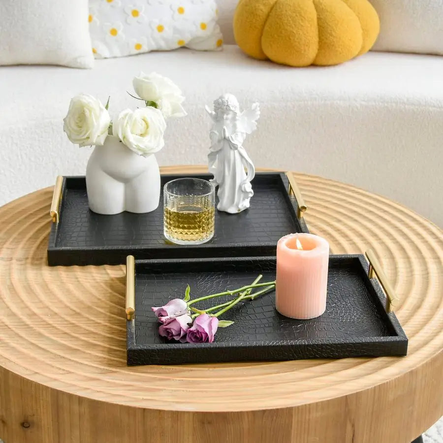 Faux Leather Serving Tray Set With Croc Texture Design