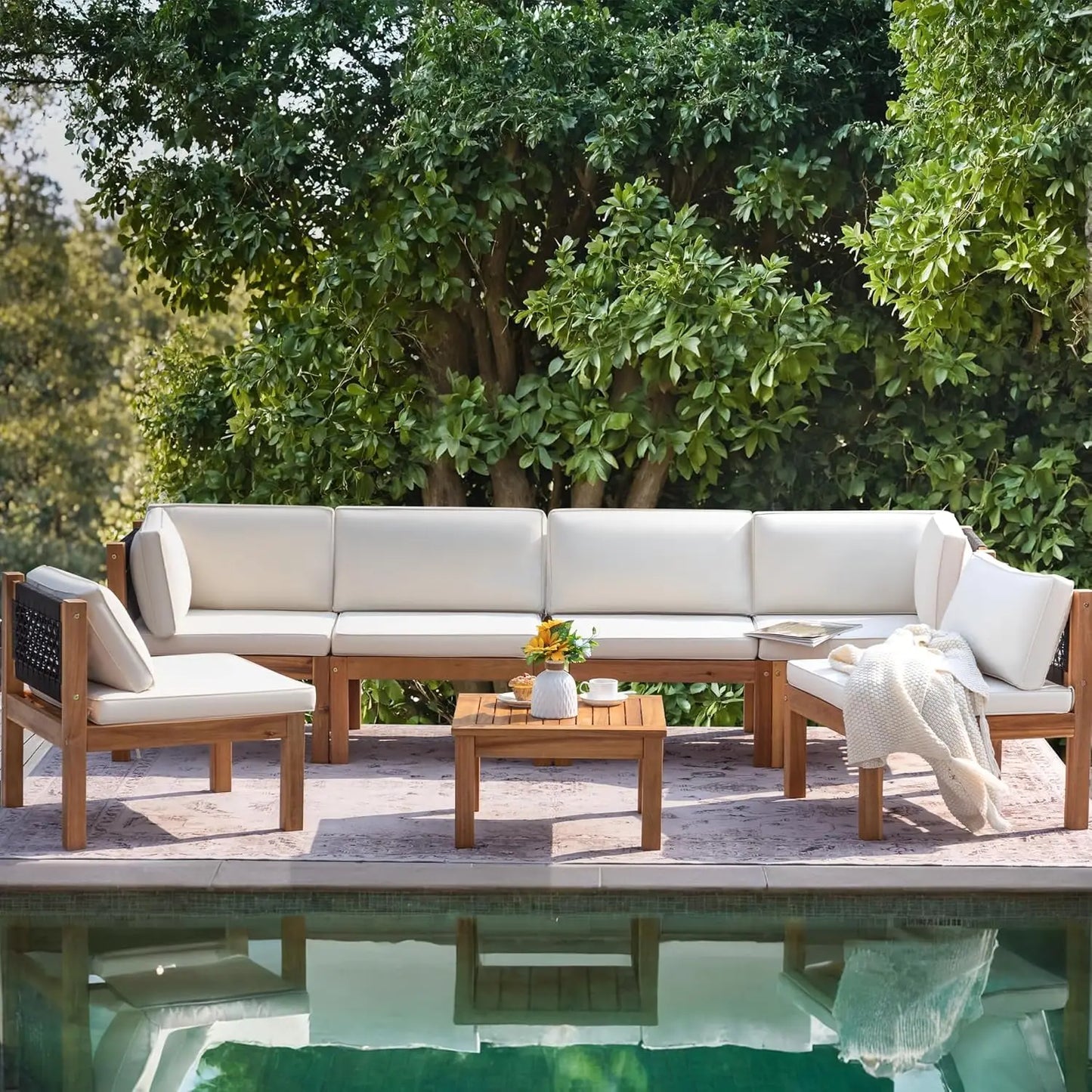 7 Piece Outdoor Acacia Sofa Set with Cushioned Seating and Table
