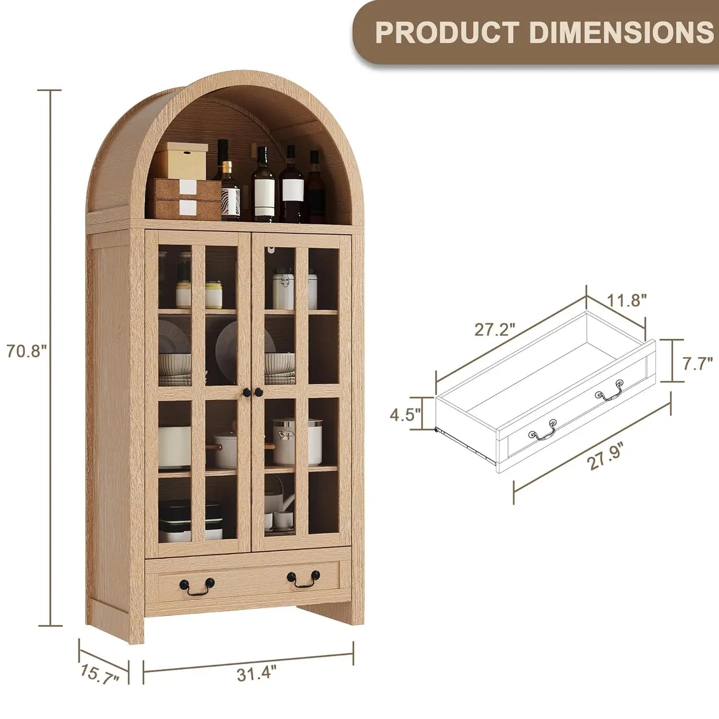 Arched Storage Cabinet with Glass Doors