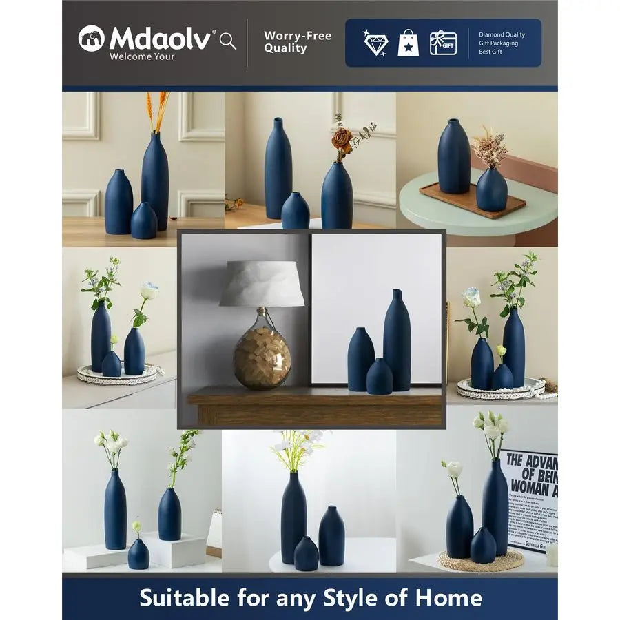Coastal Decor Matte Blue Vase Set