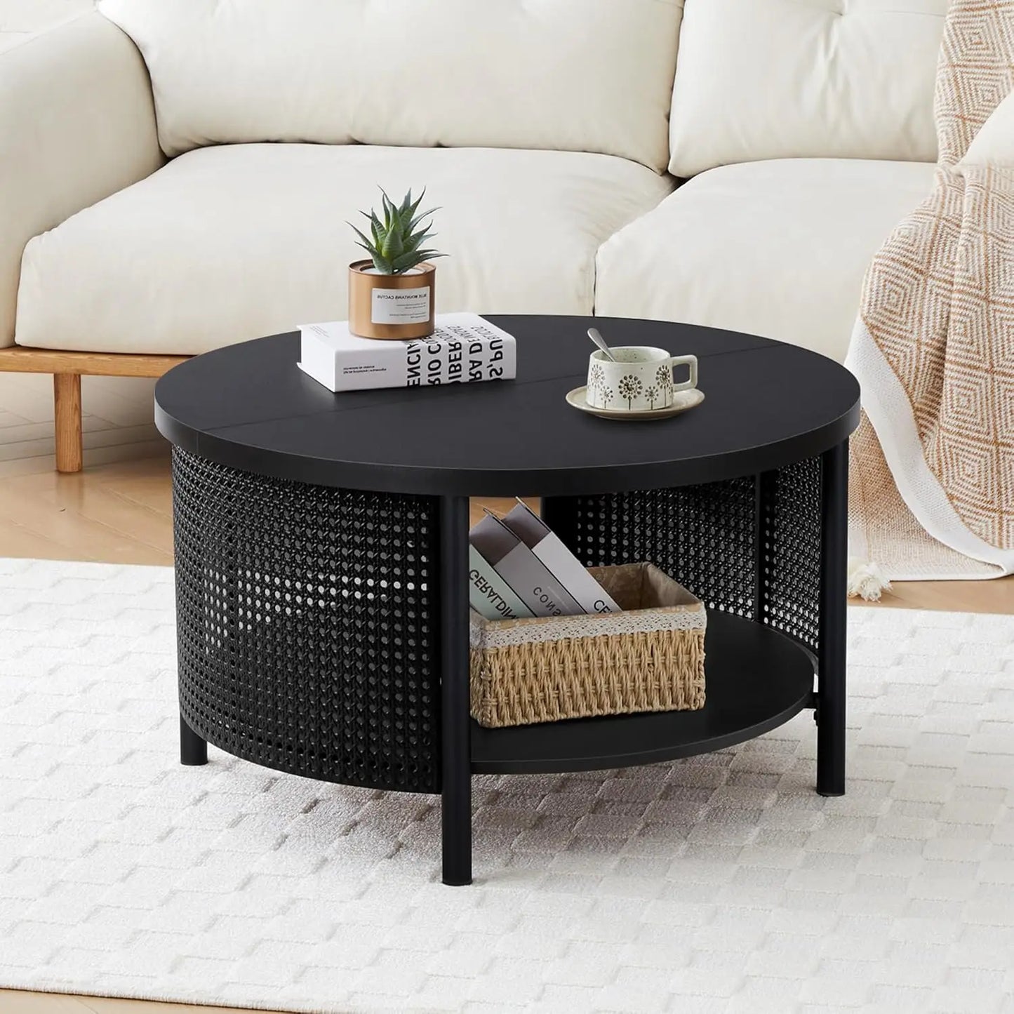 Round Rattan Coffee Table with Two-Tier Storage Design