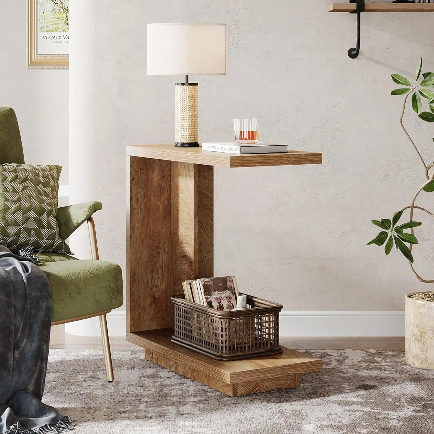 C-Shaped Side Table with 2-Tier Storage and Industrial Design