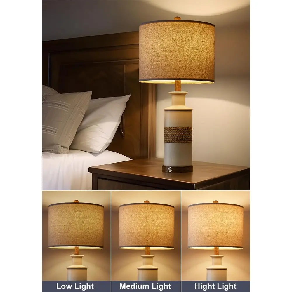 Distressed Rattan Table Lamp with USB Charging