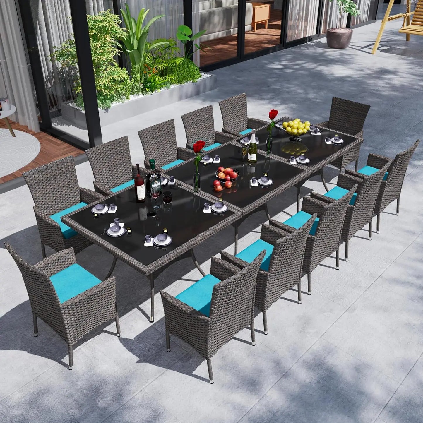 Wicker Dining Set with Glass Table and Cushioned Seating