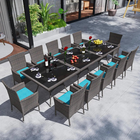 Wicker Dining Set with Glass Table and Cushioned Seating
