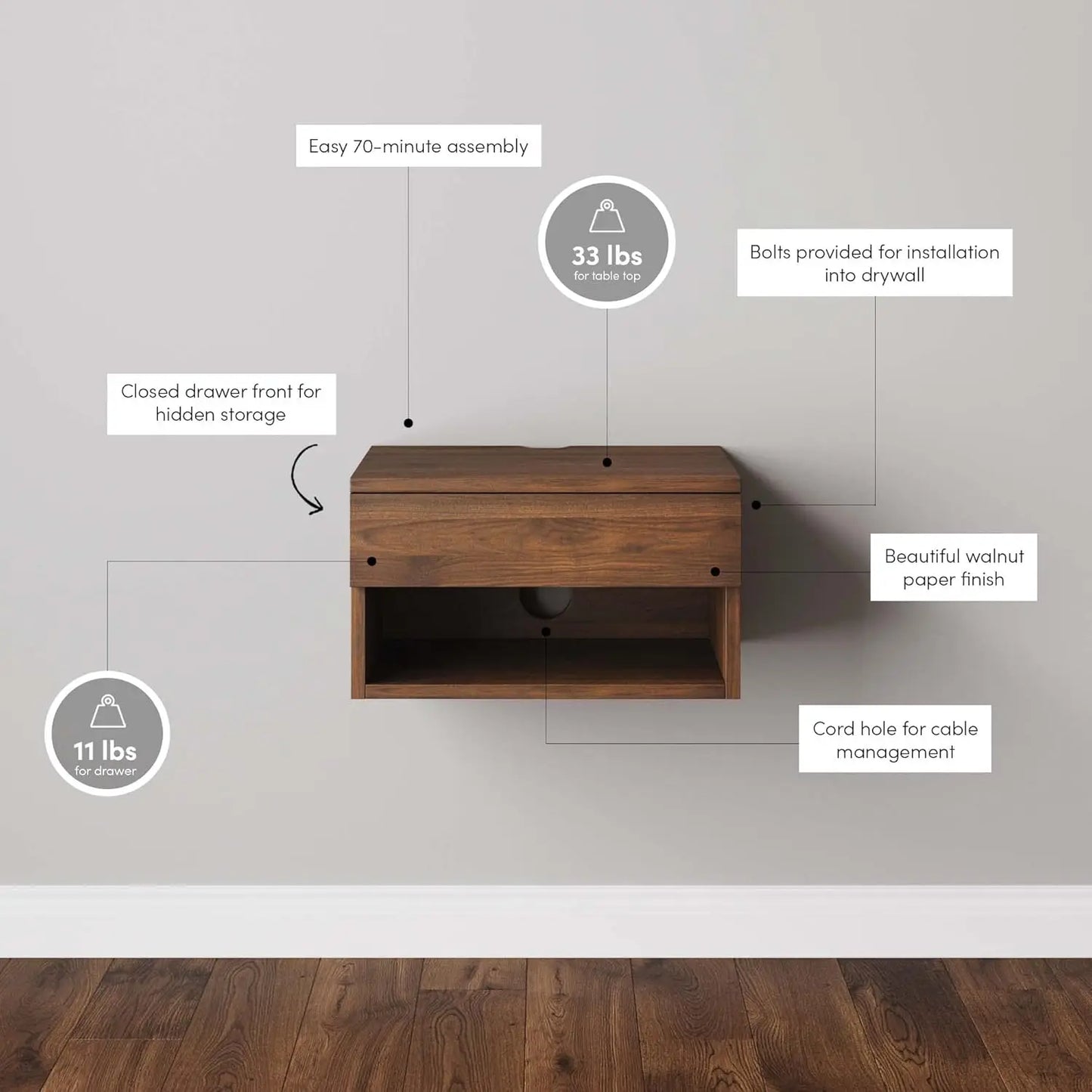 Floating Nightstand with Drawer and Open Shelf Design