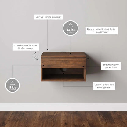 Floating Nightstand with Drawer and Open Shelf Design
