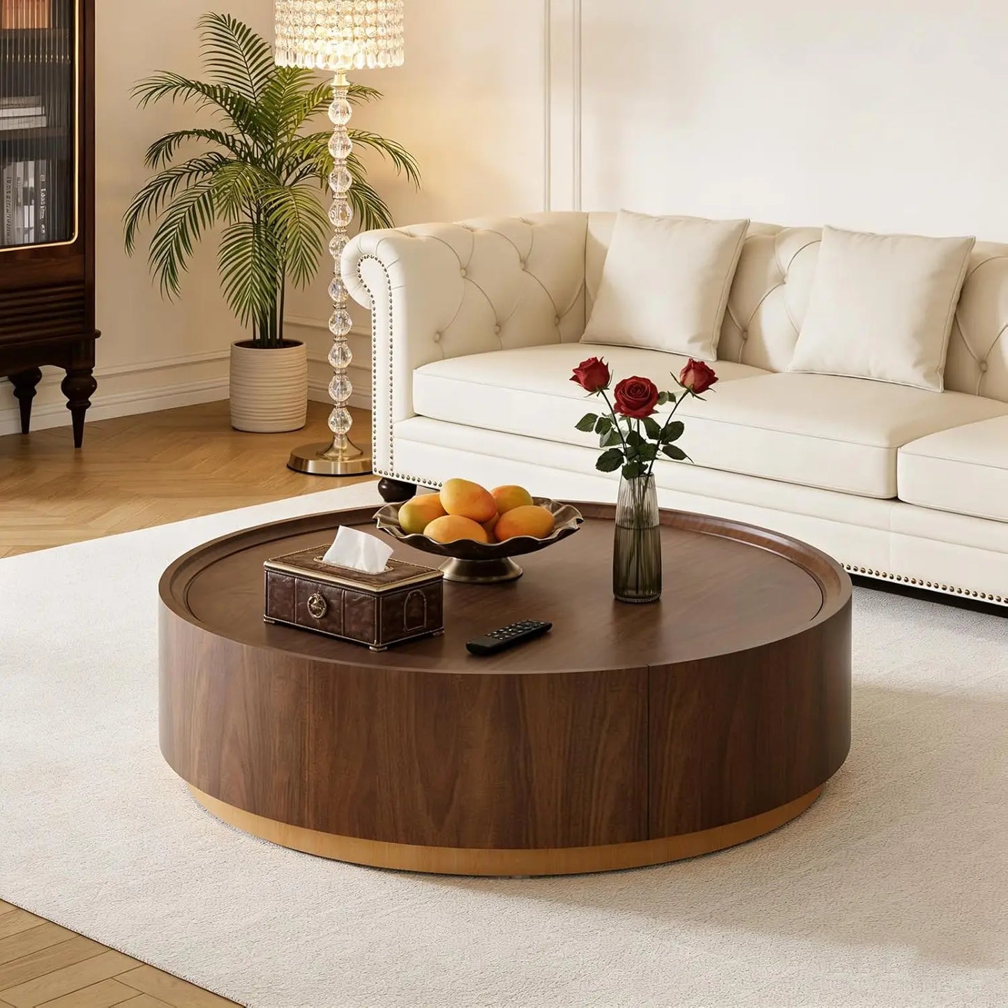 Round Drum Coffee Table with Hidden Storage