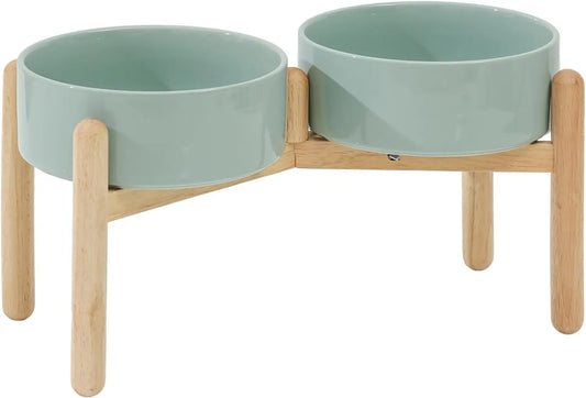 Elevated Ceramic Dog Bowl Set With Wooden Stand