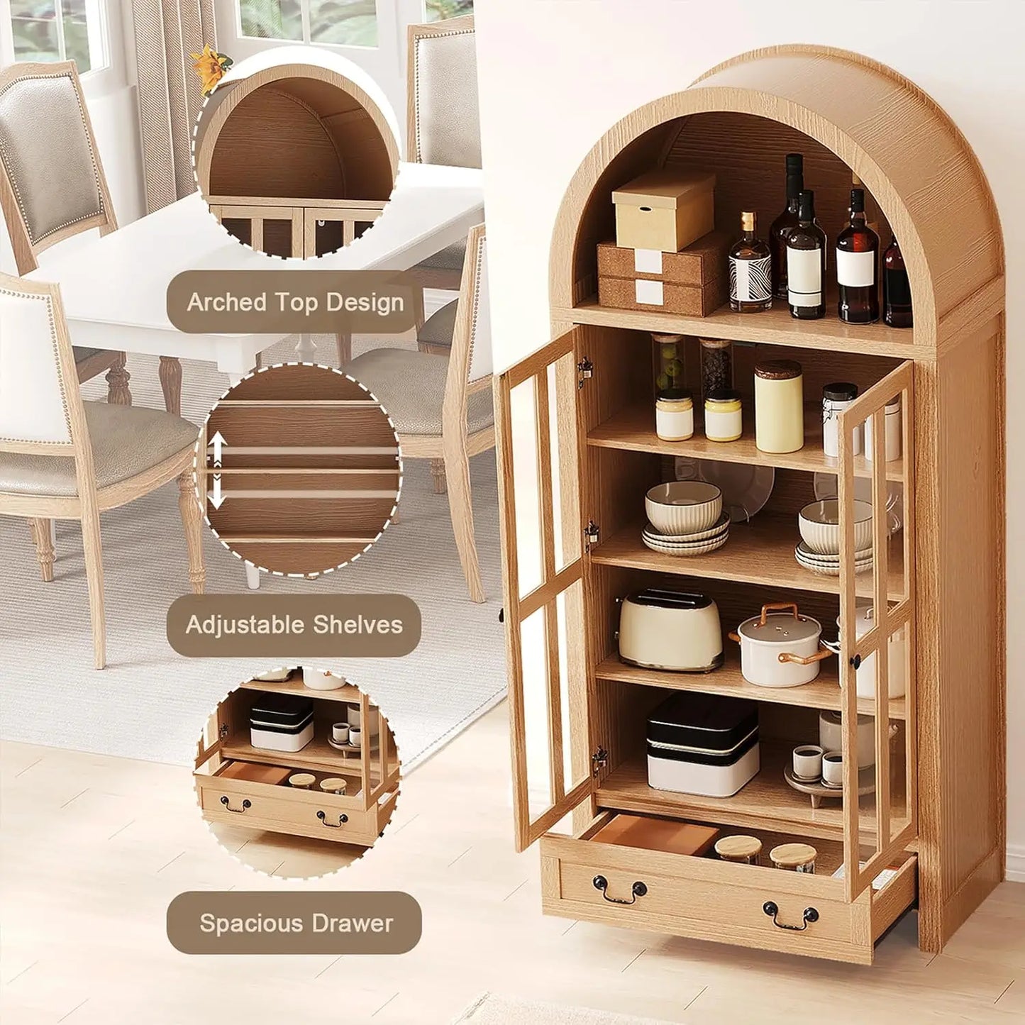 Arched Storage Cabinet with Glass Doors
