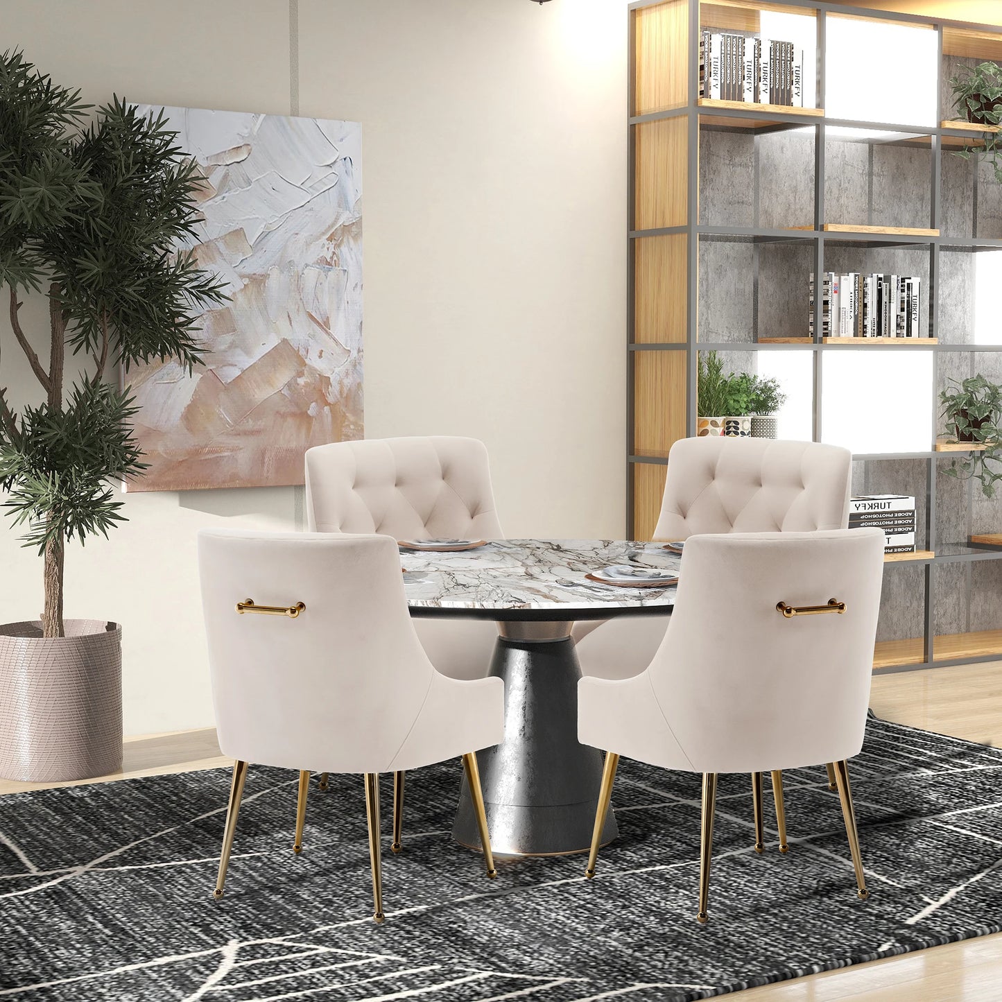 Velvet Dining Chairs with Gold Pull Accent Design