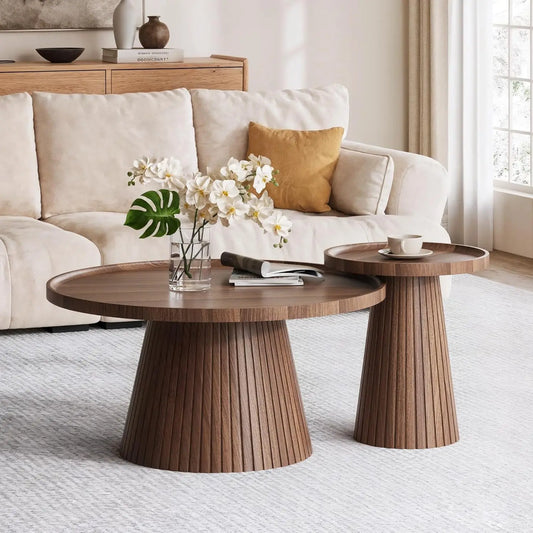 Modern Oak Travertine Nesting Coffee Tables