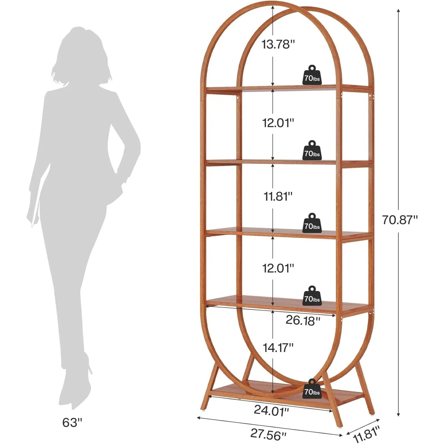 5-Tier Arched Bookcase with Metal Frame