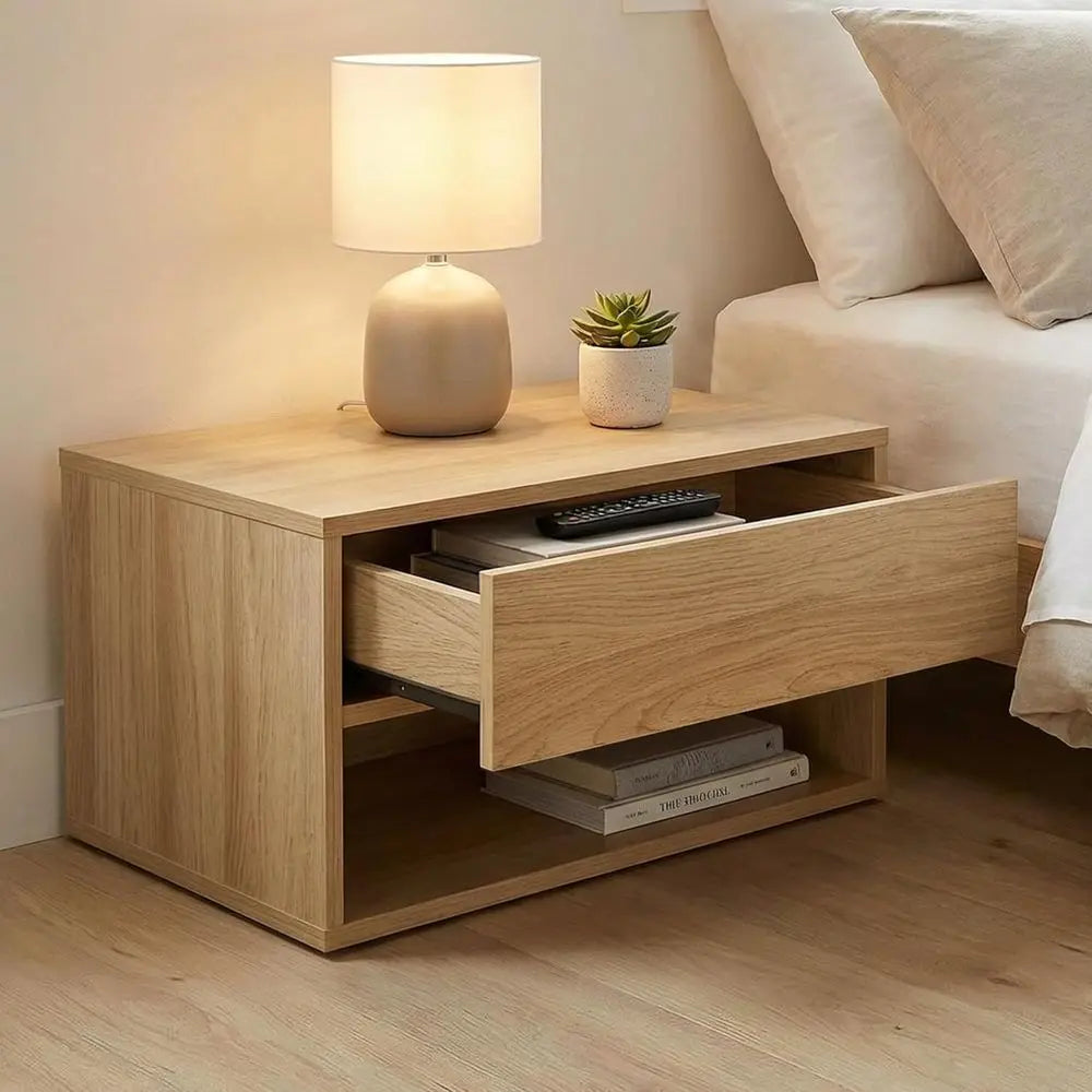 Modern Wood Nightstand with Drawer and Shelf