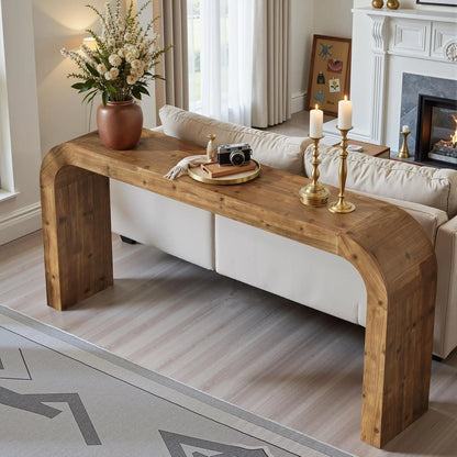 Curved Console Table with Solid Wood Sculptural Design