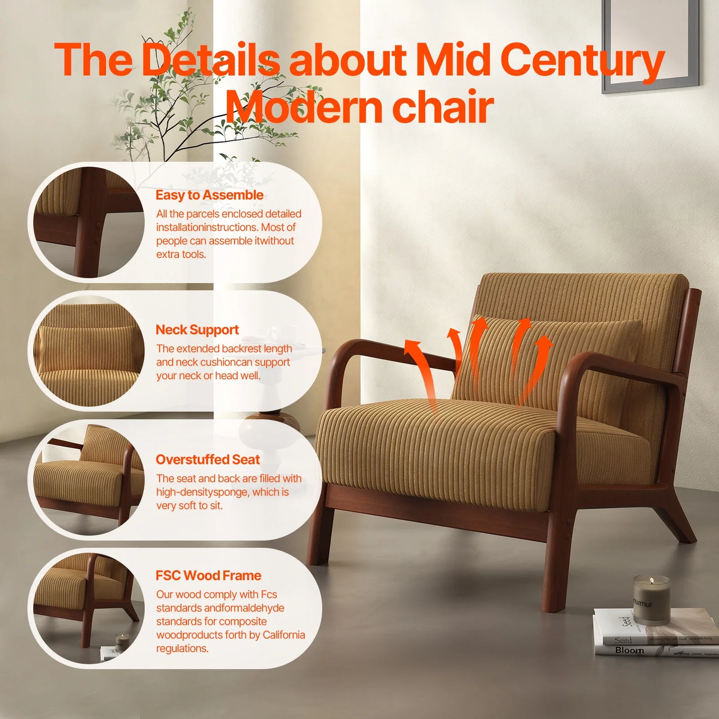 Mid-Century Modern Accent Chair with Solid Wood Frame