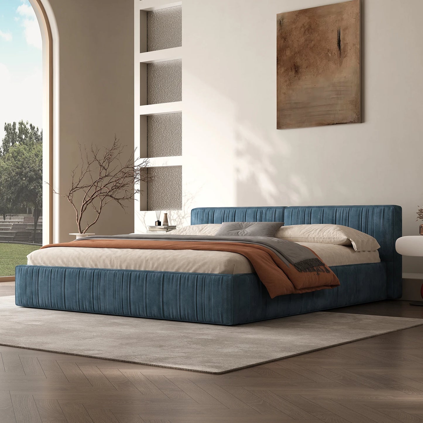 Modern Chenille Platform Bed with Pleated Detail