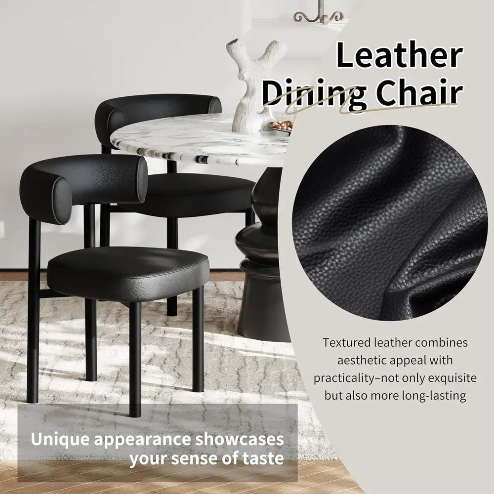 Leather Dining Chairs Set of 2 with Curved Back and Metal Legs