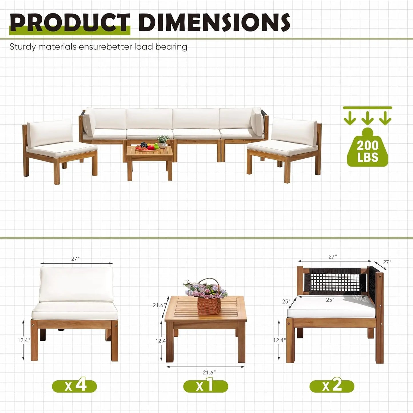 7 Piece Outdoor Acacia Sofa Set with Cushioned Seating and Table