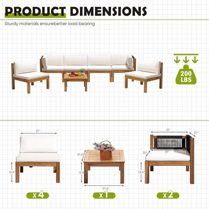 7 Piece Outdoor Acacia Sofa Set with Cushioned Seating and Table